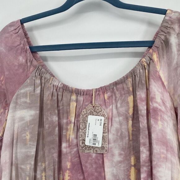 Hem & Thread Tie Dye‎ Bell Sleeve Swing Top Off Shoulder Mauve Pink M New - Picture 3 of 10